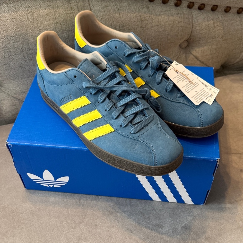 Adidas Men's Blue Suede Sneakers with Yellow Accents